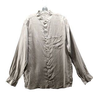 Muji 100% Linen Band Collar Shirt Mens XL Long Sleeve Button Up Taupe Greyish
